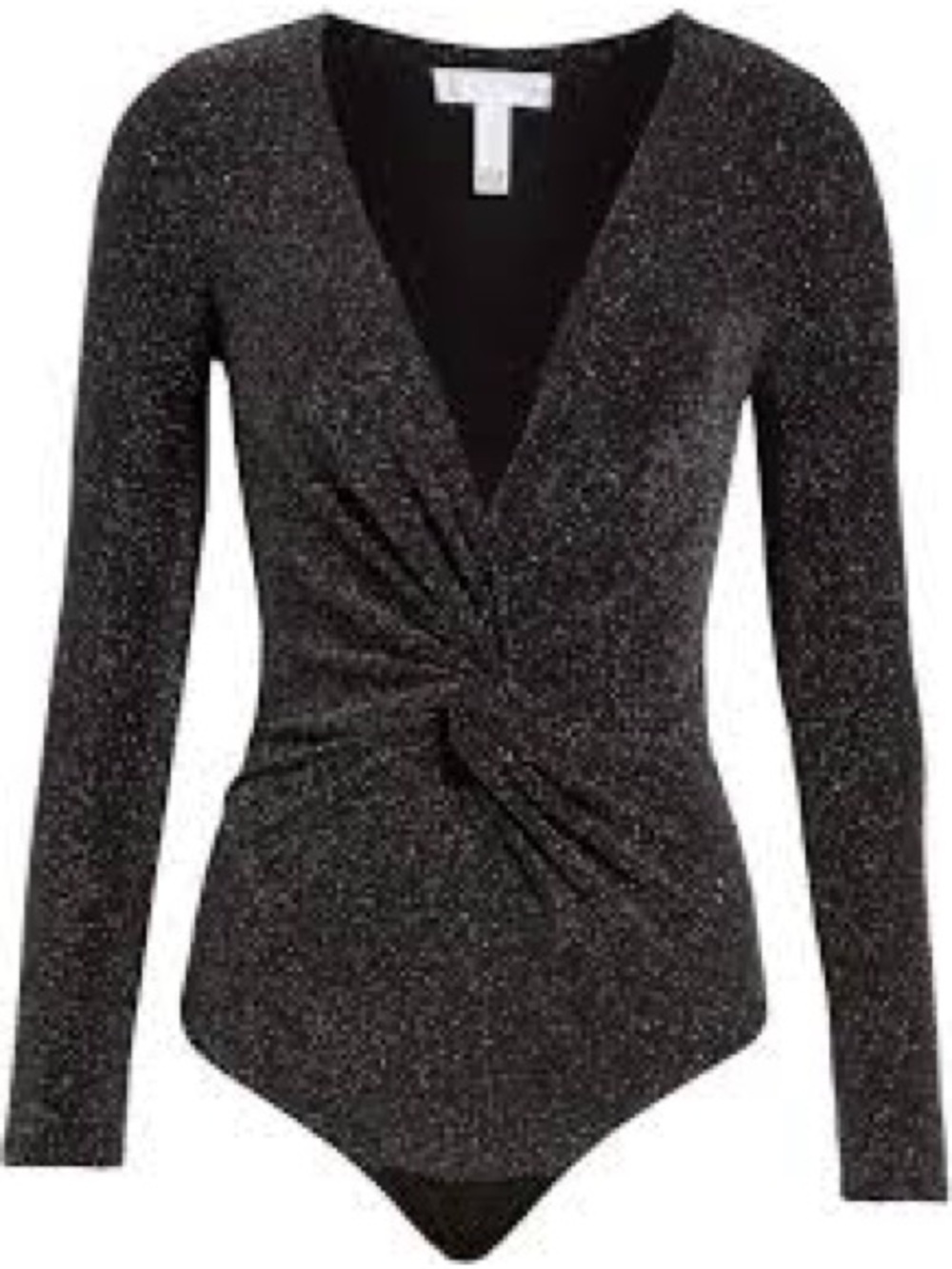 Leith Black Sparkle Twist-Front Long-Sleeve Bodysuit